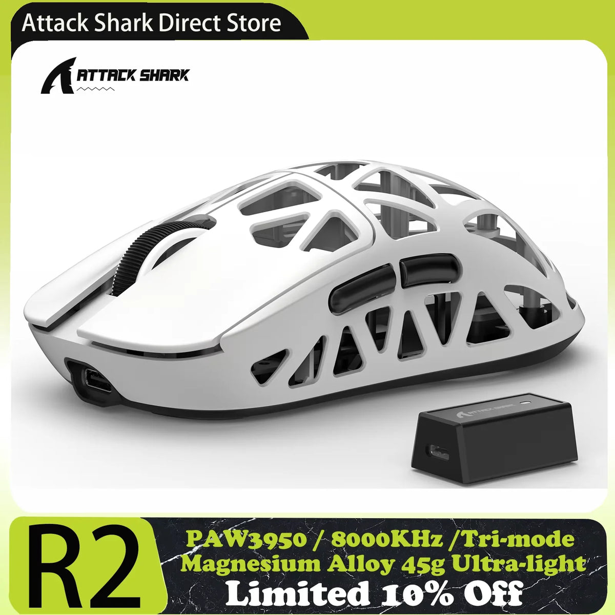 Ratón gaming ATTACK SHARK R2 de aleación de magnesio PAW3950, trimodo, 8000hz, 42000 DPI, ultraligero de 45g, microinterruptores de 100M clics