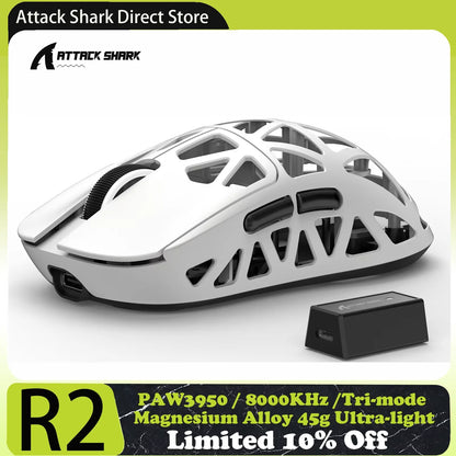 Ratón gaming ATTACK SHARK R2 de aleación de magnesio PAW3950, trimodo, 8000hz, 42000 DPI, ultraligero de 45g, microinterruptores de 100M clics