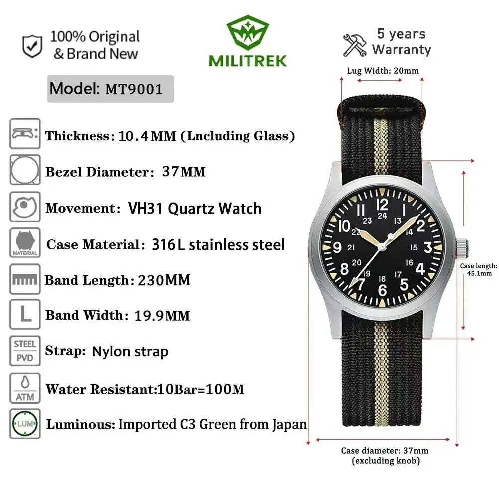 MILITREK 2026 New Military Retro Men'S VH31 Quartz Watch 37mm Sapphire Stainlesssteel 100m Waterproof C3 Luminous Reloj Hombre