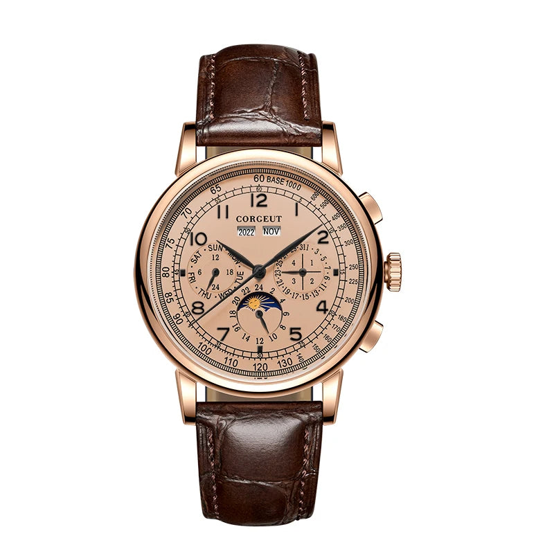 CORGEUT Automatic Mechanical Luxury Watches For Man Business Multification Date Day Month Year 316L Mechanical Men's Watches