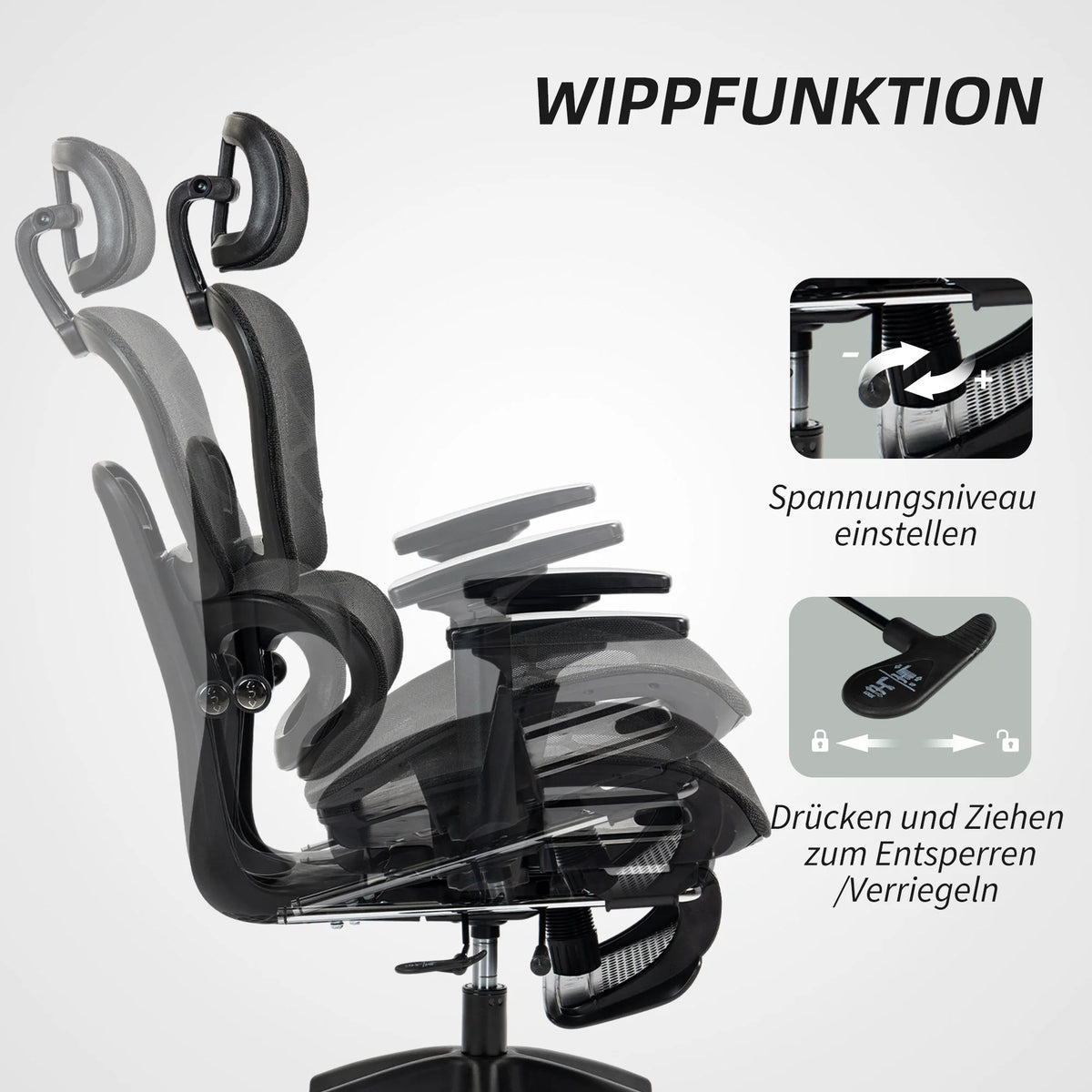 Ergonomic Office Chair with Lumbar Support, Adjustable Headrest, Footrest, Armrests, Reclining Mesh Desk Chair for Home Office