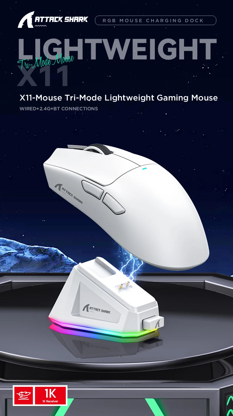 ATTACK SHARK X11 Lightweight Wireless Gaming Mouse, 22K DPI RGB Gaming Mouse with PAW3311 Optical Sensor, Tri-Mode Rechargeable Gaming Mouse