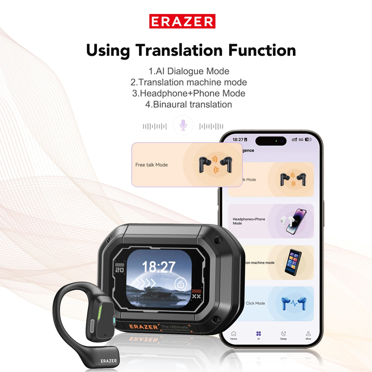 AI Translator Earbuds Erazer XP6 Wireless Bluetooth Gaming Headphones – Waterproof AI Translation Earbuds with APP Control, Deep Bass Sound & Microphone