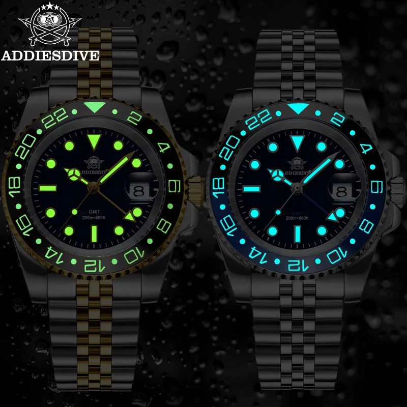 ADDIESDIVE AD2050 Men GMT Watch Swiss Ronda 515-24 BGW9 Super Luminous 20Bar Waterproof reloj 316L Stainless Steel Quartz Watch