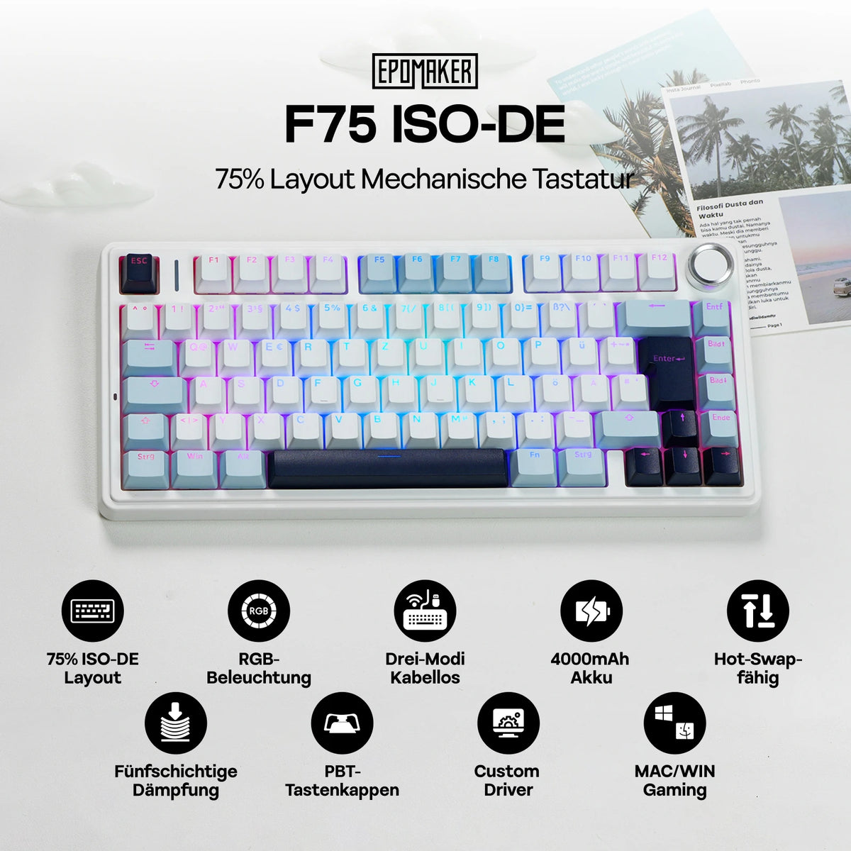 ISO-DE Layout EPOMAKER X AULA F75 75% German QWERTZ Hot-Swap Gasket Wired/Bluetooth/2.4G Wireless Mechanical Keyboard Knob/RGB