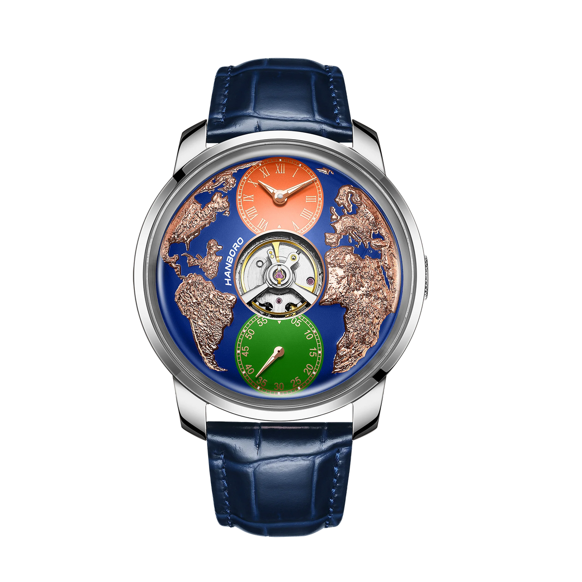 HANBORO World Time Series Men's Fully Automatic Mechanical Watch with Hollow Flywheel World Earth Personality Watch 1026