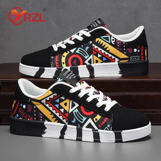 YRZL Men's Sports Running Shoes Canvas Geometric Style Lace-Up Sneakers Couples' Fashionable Graffiti Print Skate Shoes