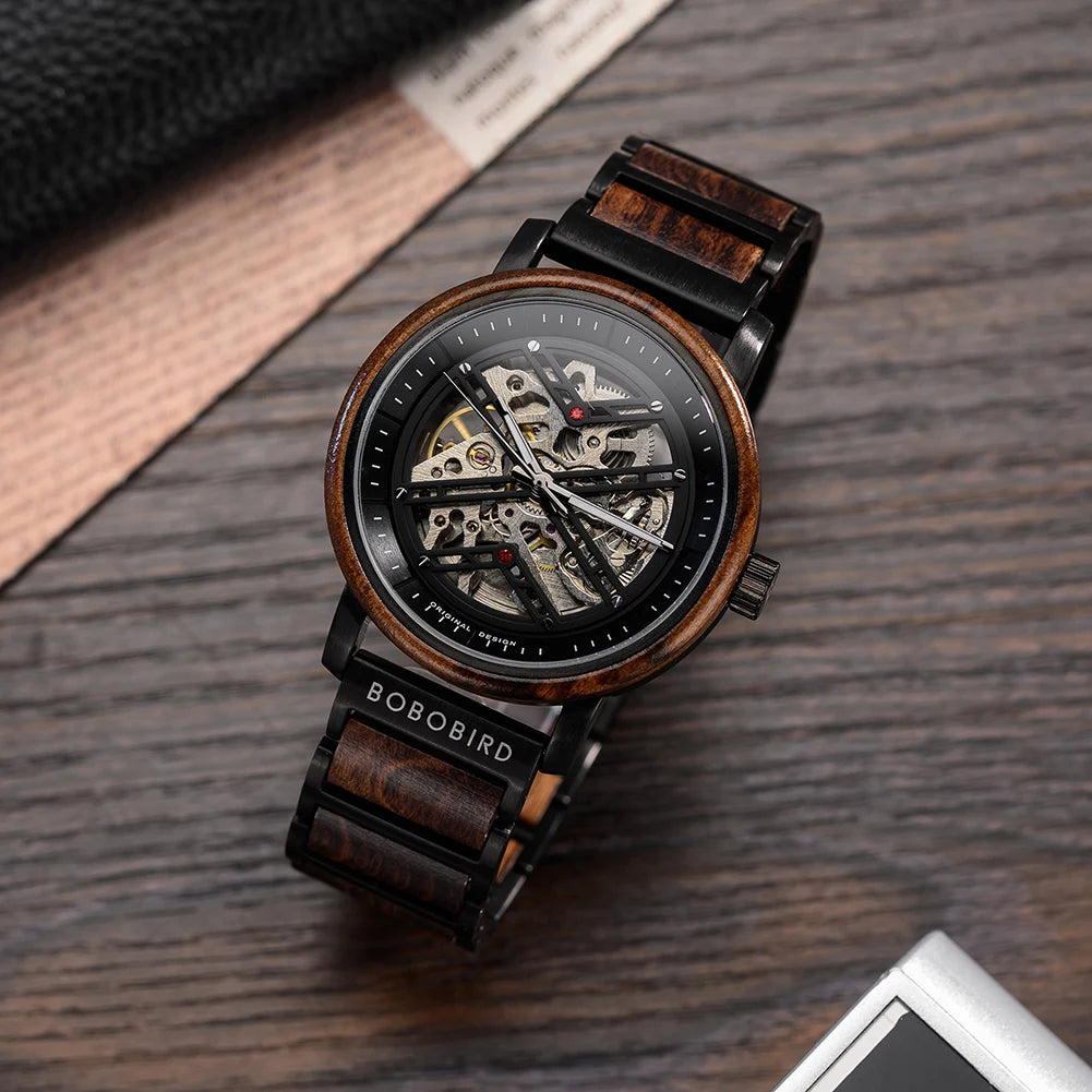 Automatic Mechanical Watch BOBO BIRD New Top Business Men Wooden Wristwatch Unique Custom Engraved Watches Christmas Gift Box
