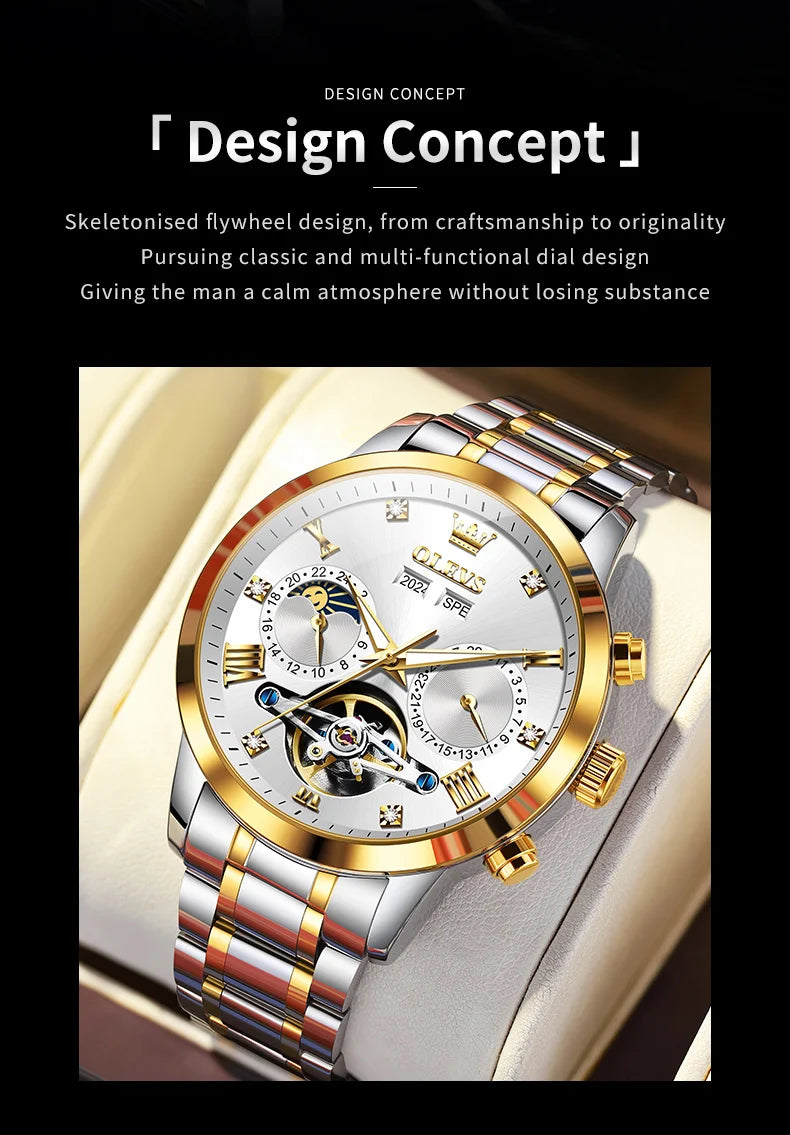 OLEVS Men's Watches - Moon Phase Hollow Flywheel Exclusive Original Automatic Mechanical Watches For Men Luxury Man Watch New 7029