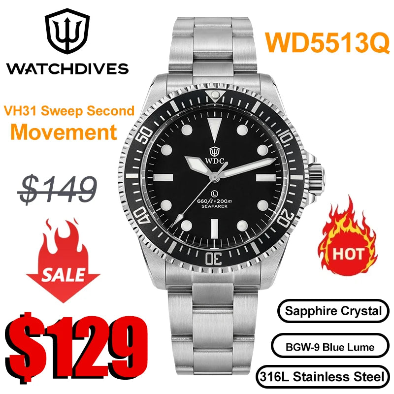 Watchdives WD5513Q Watch VH31 Sweep Second Movement Stainless Steel Sapphire Crystal Business Wristwatch Vintage Watches