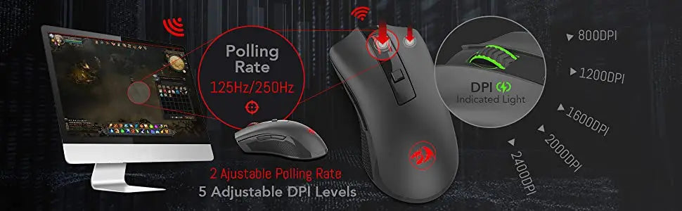 Redragon M652 Wireless Gaming Mouse, 2.4GHz Optical Wireless Mouse with USB Receiver, 5 Adjustable DPI Levels, Ergonomic Wireless Mouse for Gaming & Office