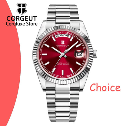 CORGEUT NH36 Mechanical Men's Watch Date of the Week Show President Chain Strap Steel Case Watch Threaded Arc Bezel waterp