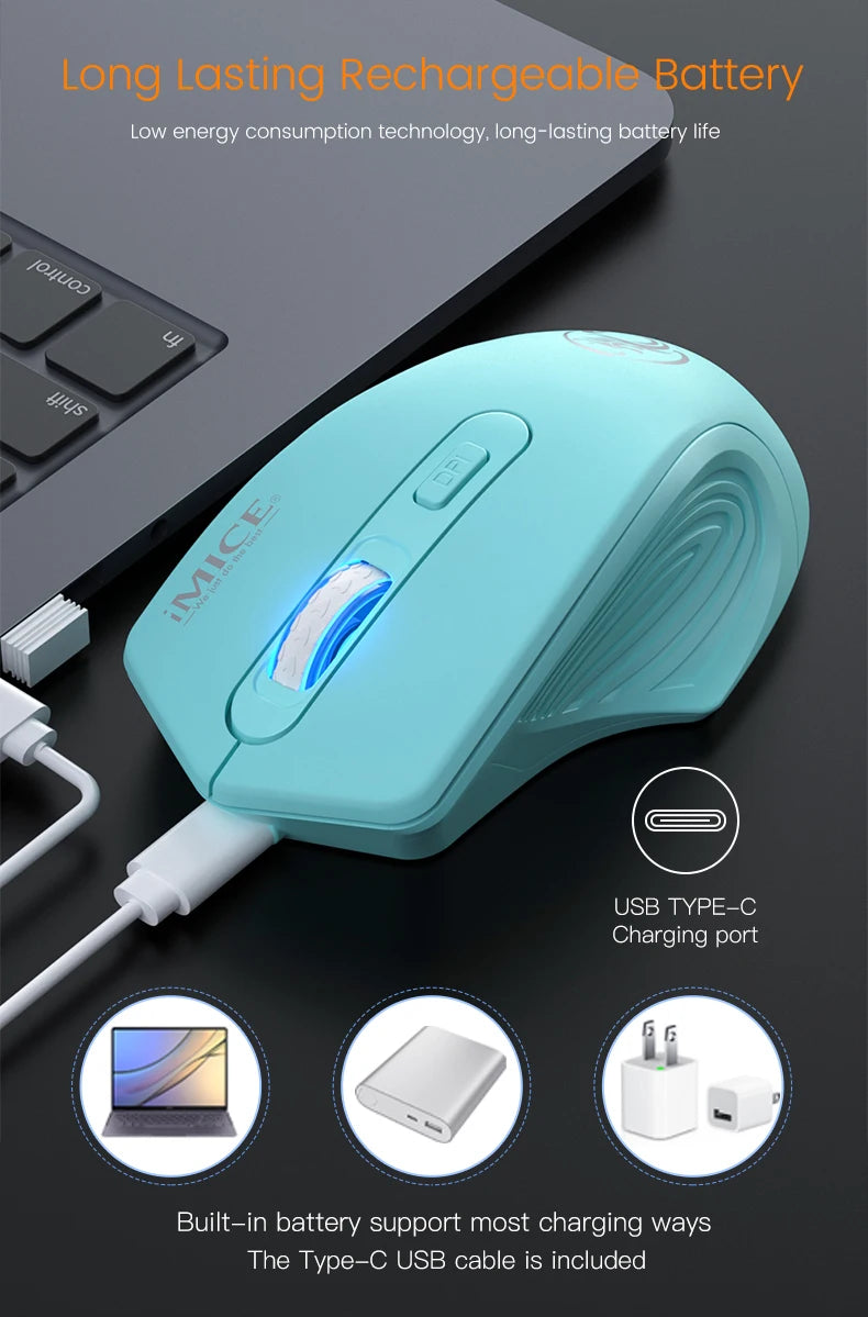 Ratón inalámbrico silencioso recargable con DPI ajustable de 1600, conexión 2.4GHz, clic silencioso para oficina, compatible con PC y portátil