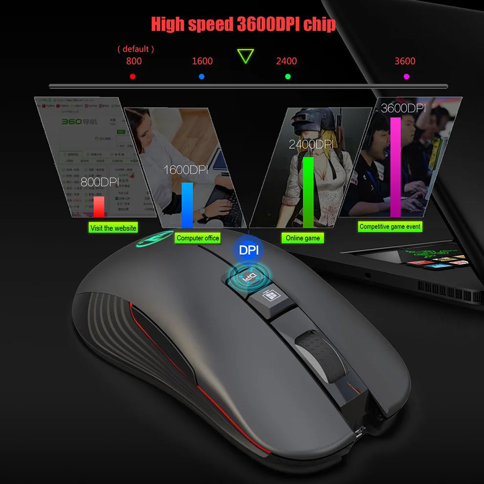 Ratón gaming inalámbrico USB-C 2.4G recargable, 3600DPI, 7 botones, Type-C, silencioso, para Macbook, portátil, PC y ordenador