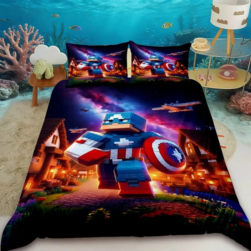 Cartoon Children Duvet Cover Minecraft Cartoon Quilt Cover Bedding Set Queen King Full Size with 1/2 Pillocase Bedroom