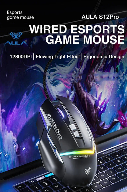 Ratón mecánico con cable AULA S12Pro 1000HZ 12800DPI RGB de baja latencia con macros configurables para esports, accesorios gaming para PC