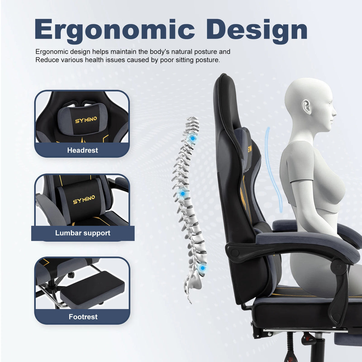 SYMINO Ergonomic Gaming Chair with Footrest, Latex Cushion Racing Style Gaming Chair, Adjustable Reclining Office Chair with Armrests & Wheels