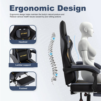 SYMINO Ergonomic Gaming Chair with Footrest, Latex Cushion Racing Style Gaming Chair, Adjustable Reclining Office Chair with Armrests & Wheels