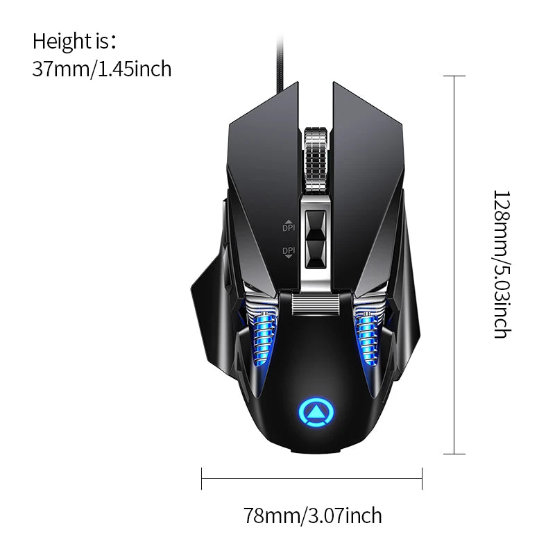 Przewodowa mysz gamingowa e-sportowa z podświetleniem RGB, regulowana czułość 200-7200 DPI, USB, do PC, laptopa i gier FPS