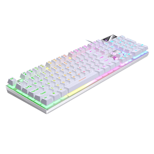 Teclado Gaming USB com Fio e Retroiluminação, Teclado Gamer de 104 Teclas para Computador/Portátil/PC, Design Ergonómico, Acessório Gaming para Escritório