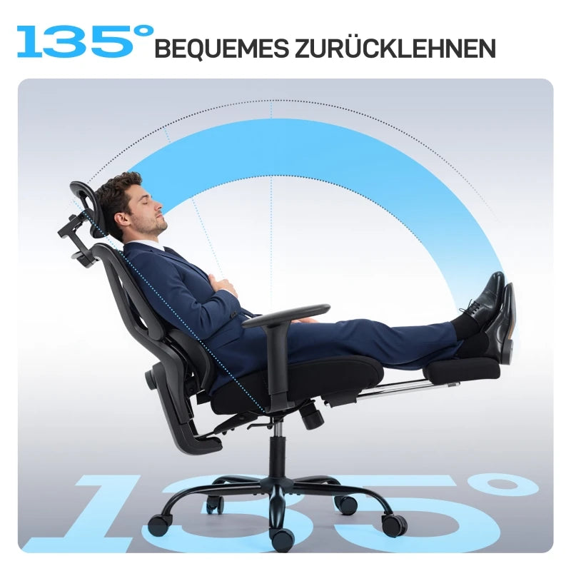 Ergonomic Office Chair with Lumbar Support, Mesh Back, Adjustable Armrests, Headrest, Wheels & Reclining Footrest for Home Office