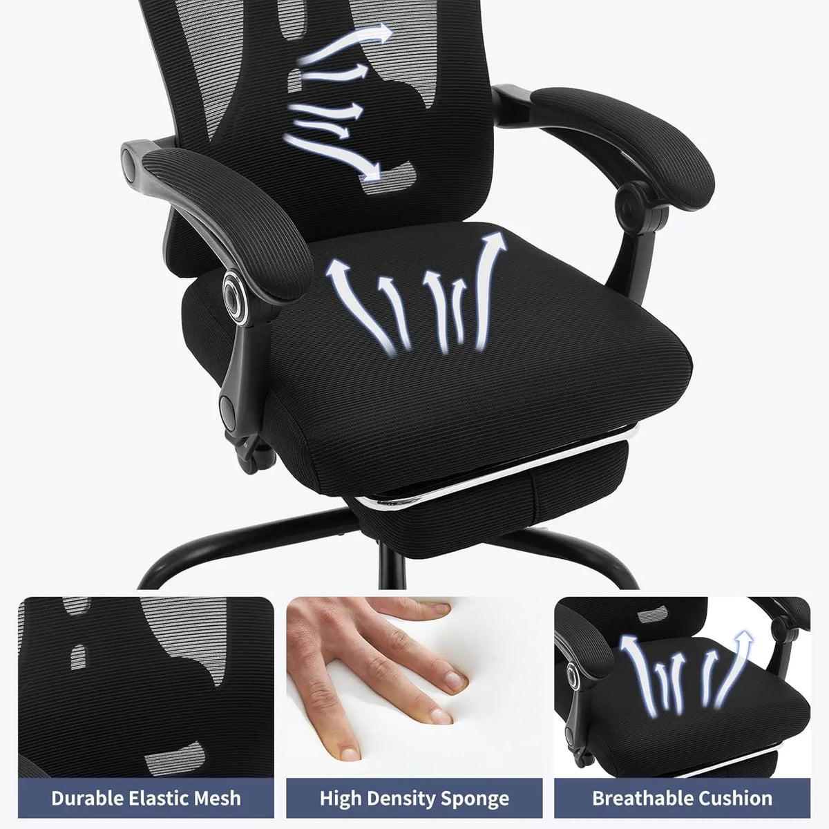 Ergonomic Office Chair with Adjustable Lumbar Support & Footrest, High-Back Mesh Gaming Chair, Reclining Home Office Desk Chair with Tilt Mechanism
