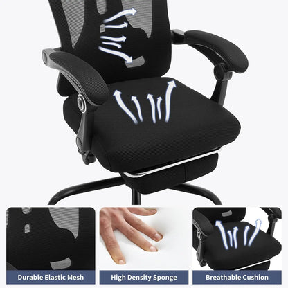 Ergonomic Office Chair with Adjustable Lumbar Support & Footrest, High-Back Mesh Gaming Chair, Reclining Home Office Desk Chair with Tilt Mechanism