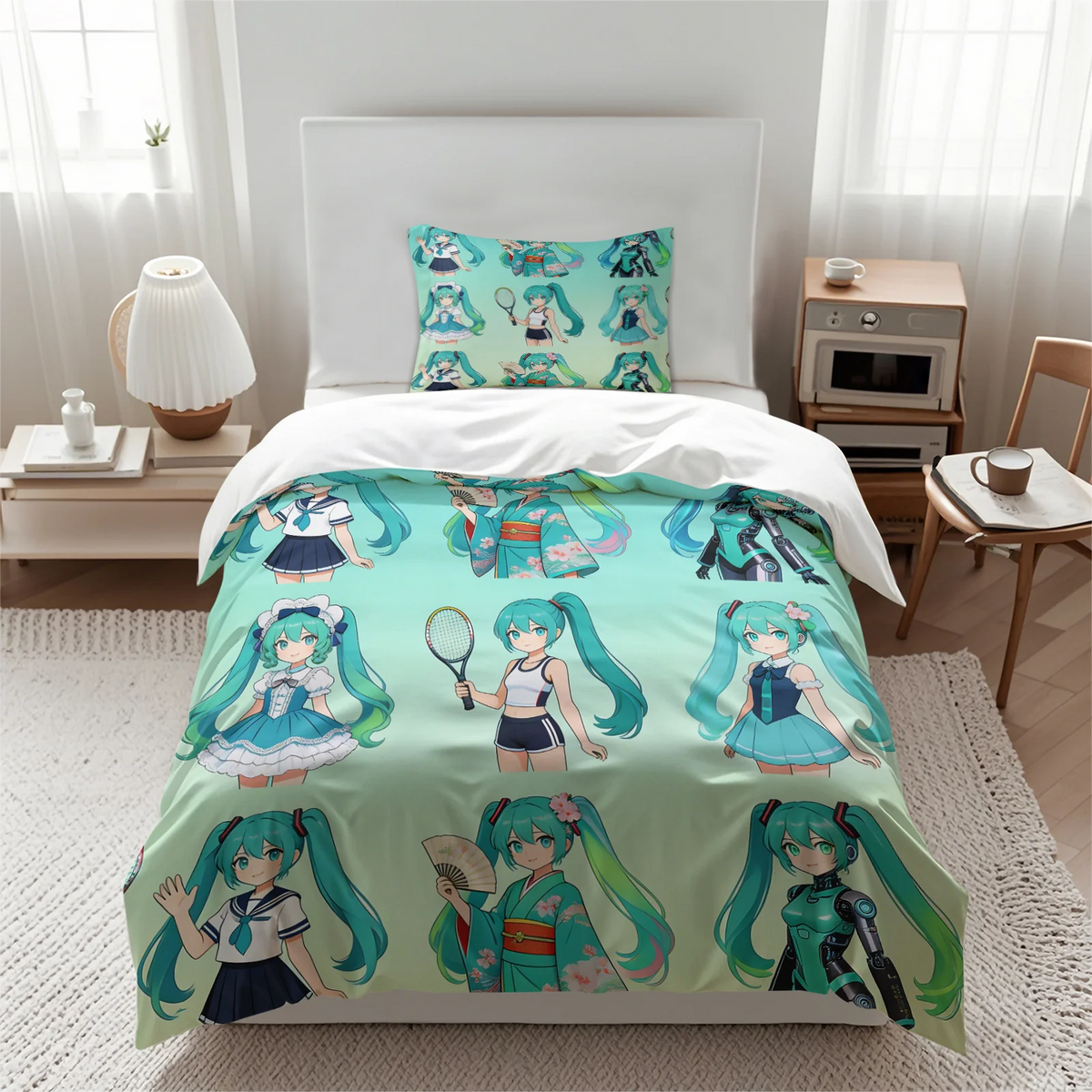 Conjunto de capa de edredão estilo chibi Hatsune Miku, roupa de cama anime adorável com fronhas, decoração para quarto gaming de adolescentes e crianças, presente para fãs