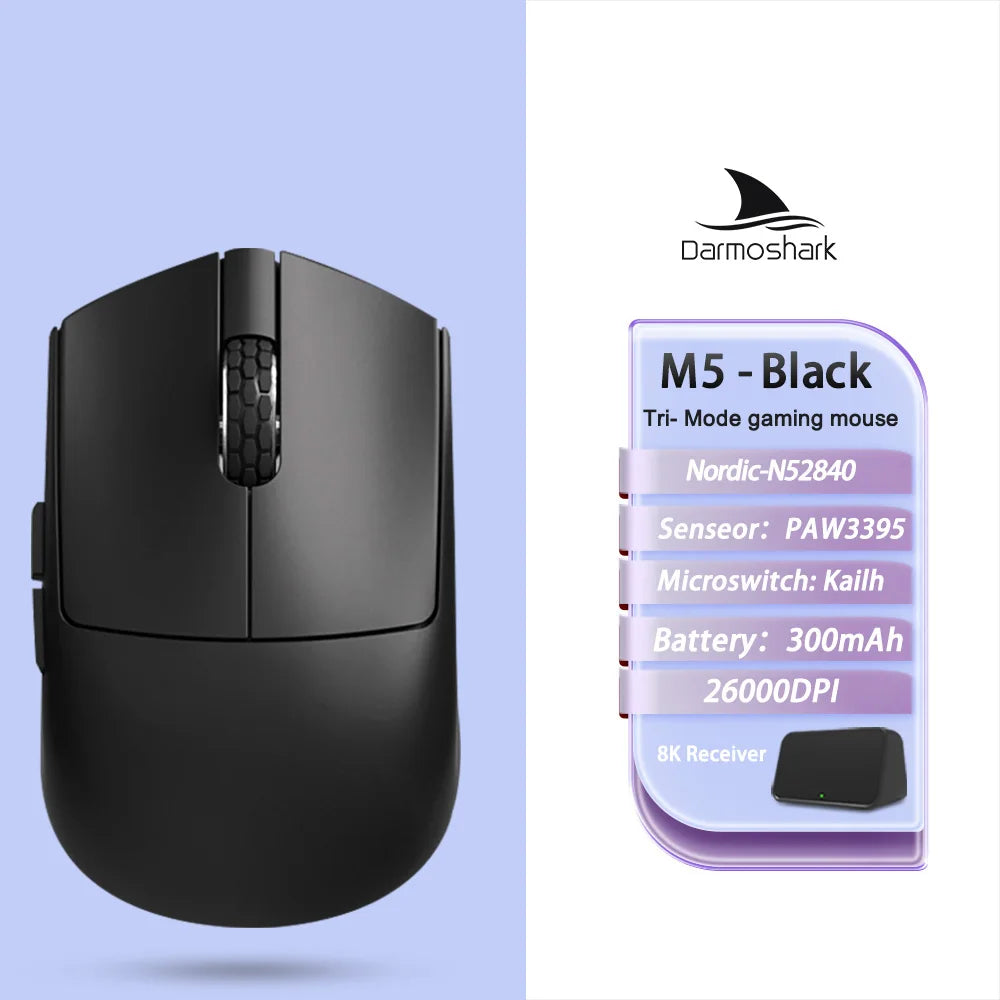 Mouse gaming wireless Darmoshark M5Air in fibra di carbonio forgiata 8K PAW3950 30K DPI per mani piccole, presa fingertip, macro di gioco, ultraleggero