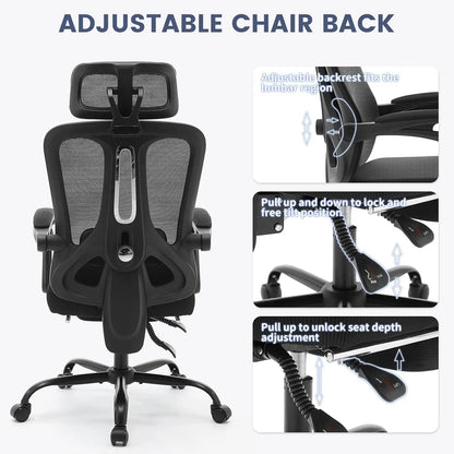 Ergonomic Office Chair with Adjustable Lumbar Support & Footrest, High-Back Mesh Gaming Chair, Reclining Home Office Desk Chair with Tilt Mechanism