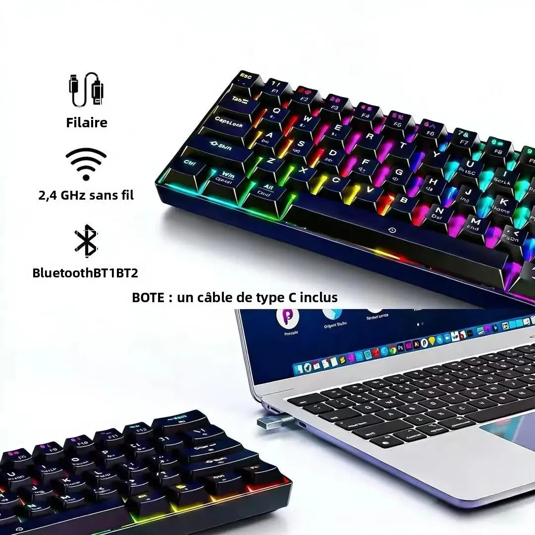 RGB Backlit 61 Keys Mechanical Keyboard Tri-Mode BT Wireless Waterproof Dustproof Portable Gaming Keyboard for Esports Gamer