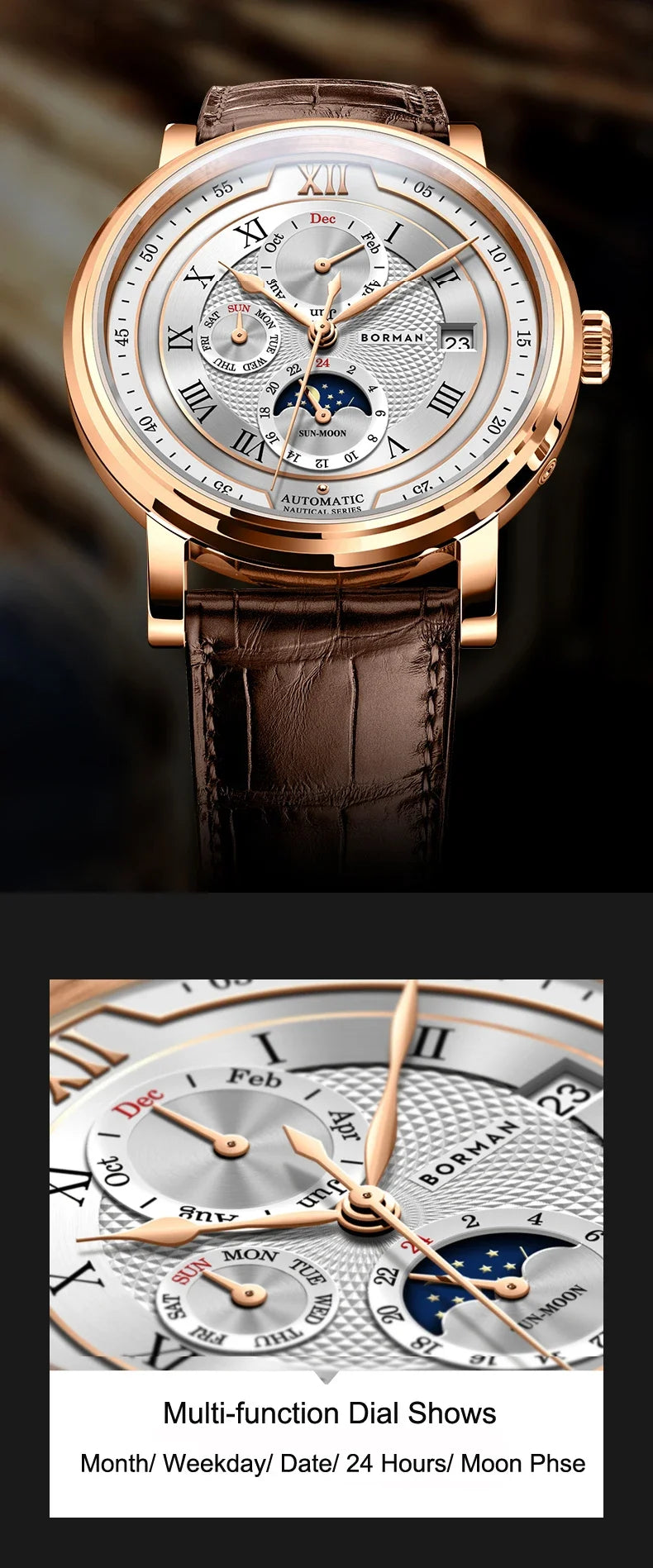 BORMAN BM3868 Novos relógios de pulso automáticos mecânicos de luxo para homem, 40 mm, com vidro de safira, multifunções, à prova de água e com fase lunar