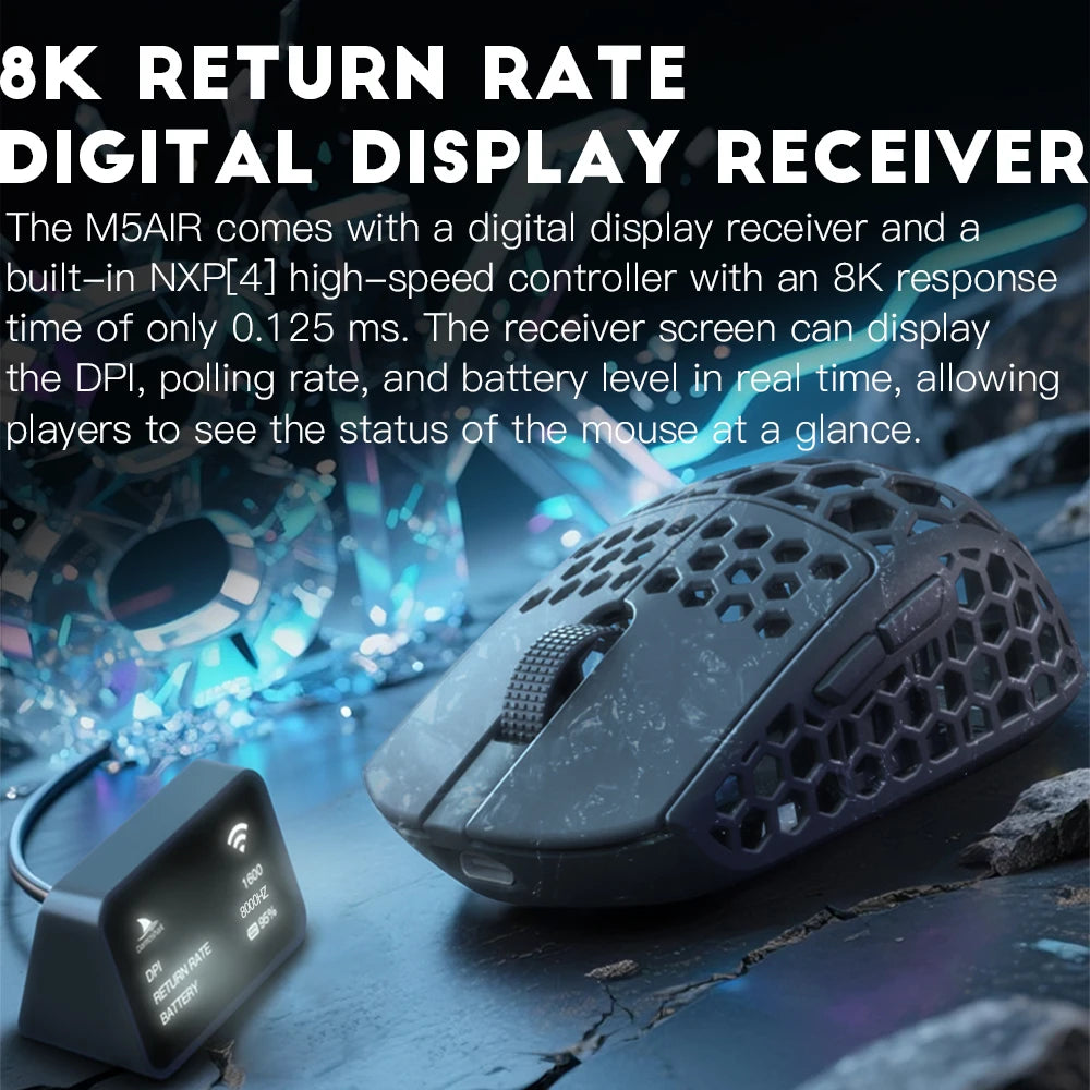 Mouse gaming wireless Darmoshark M5Air in fibra di carbonio forgiata 8K PAW3950 30K DPI per mani piccole, presa fingertip, macro di gioco, ultraleggero