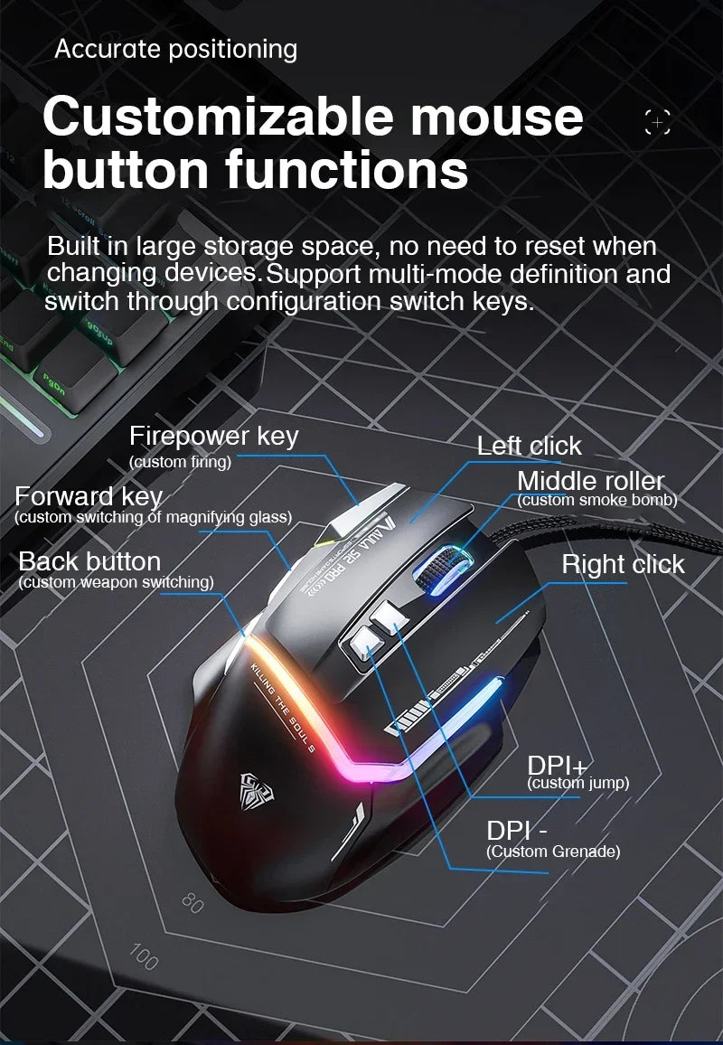 Ratón mecánico con cable AULA S12Pro 1000HZ 12800DPI RGB de baja latencia con macros configurables para esports, accesorios gaming para PC
