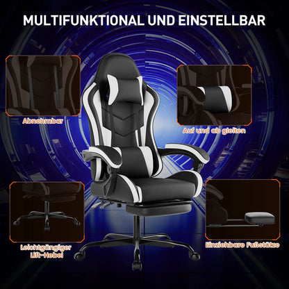 WOTSTA Gaming Chair with Footrest Ergonomic Gamer Chair, Adjustable Lumbar Support, Headrest, Reclining Computer Chair for Gaming & Office