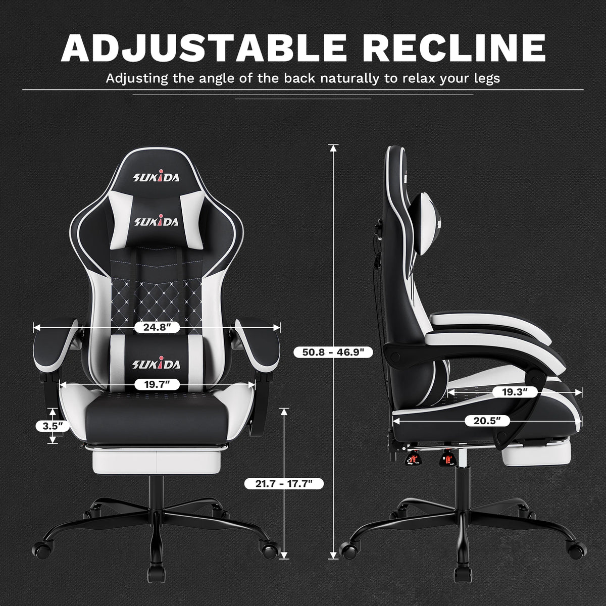 SUKIDA Ergonomic Gaming Chair with Footrest, Lumbar Support Computer Chair, Comfortable Office Chair with Adjustable Reclining Backrest