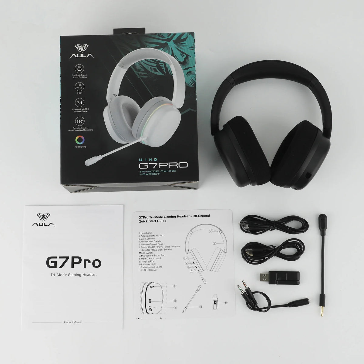 Auriculares gaming AULA G7 Pro con sonido envolvente 7.1, Bluetooth 5.3 inalámbrico y micrófono con cancelación de ruido para PS5/PS4/PC/Switch