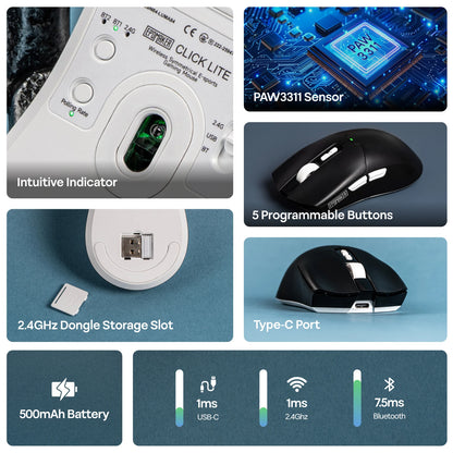 Mouse da gaming EPOMAKER Click Lite cablato/BT/wireless 2.4GHz con sensore PAW3311, da 800 a 24000 DPI e batteria da 500mAh per PC/Mac/Linux
