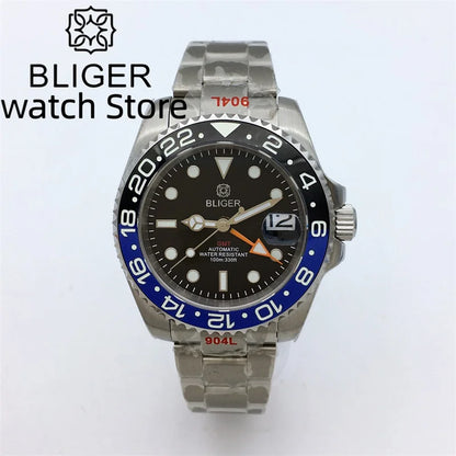 BLIGER 40mm NH34 GMT Watch For Men Mechanical Wristwatch Luminous Bezel Sapphire Glass Stainless Steel Bracelet Reloj Hombre
