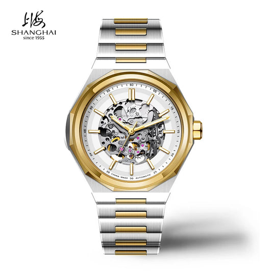 Shanghai Watch Dual Skeletonized Automatic Mechanical Watches 41mm Luminous Sapphire Men's Wristwatch 316L Stainless Steel S8008