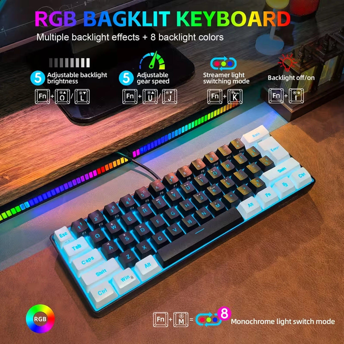 60% Gaming Keyboard Wired RGB Backlit Mini 61 Keys Membrane Keyboard Anti-Ghosting No-Conflict Ultra-Compact for Gamers