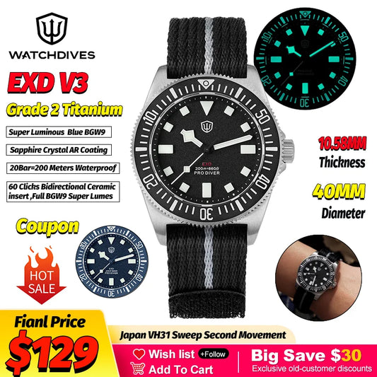 Watchdives EXD 40Mm Titanium Dive Watch Man VH31 Sweep Quartz Watches 200 Waterproof Ar Sapphire BGW9 Luminous 316L Wristwatch