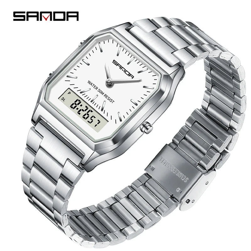 SANDA 747 Men’s & Women’s Luxury Digital Sports Watch  Stainless Steel, LED Dual Display & Waterproof