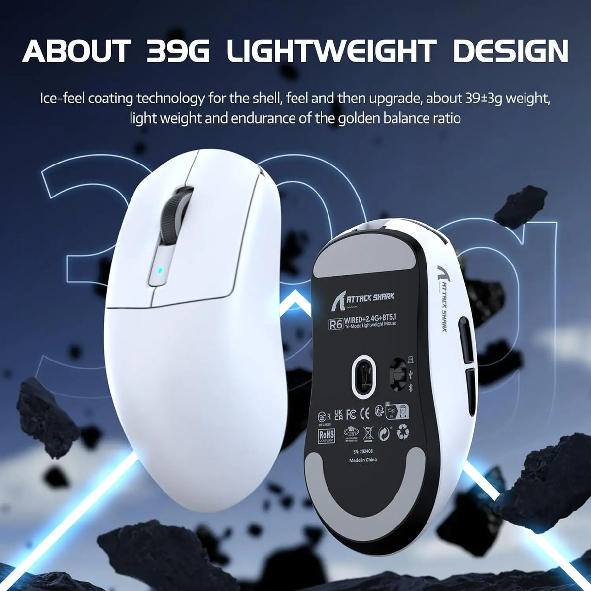 Attack Shark R6 Lightweight Wireless Gaming Mouse, PAW3950MAX Sensor, 8KHz Polling Rate, Tri-Mode Bluetooth Gaming Mouse for PC & Laptop