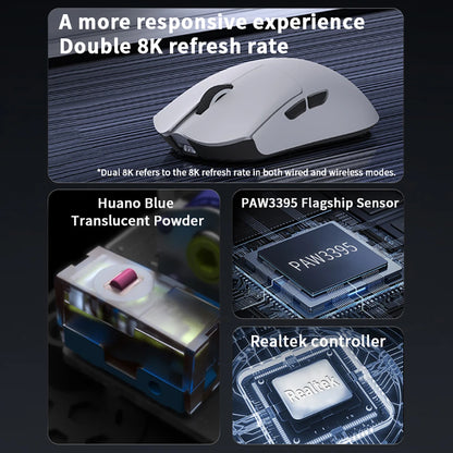 Ratón gaming Darmoshark M3 V2 Double 8K inalámbrico trimodo 26KDPI con sensor PAW3395, ratón macro para manos grandes para ordenador portátil y PC