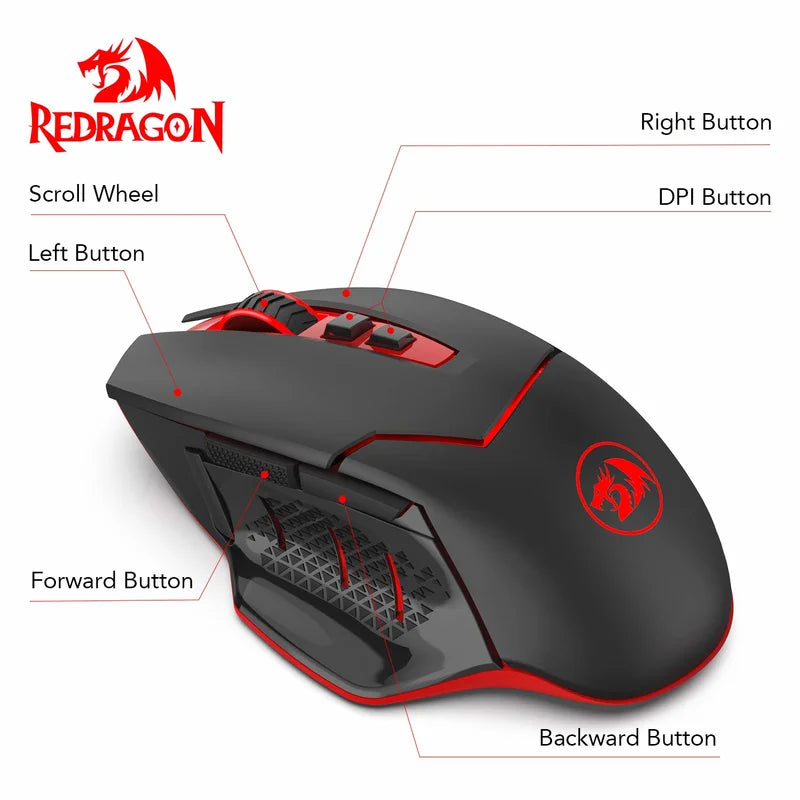 Ratón gaming inalámbrico Redragon M690-1 2.4Ghz con cambio de DPI, 2 botones laterales, 2400 DPI, diseño ergonómico, 8 botones - Negro