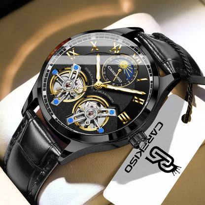 CAREKISO Fashion Men Clock Double Hollow Tourbillon Automatic Mechanical Man Watch Waterproof Luminous Leather Men's Watches+Box