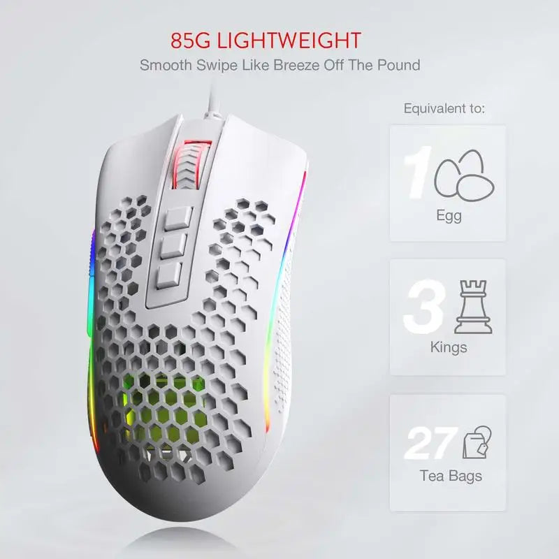 Redragon M808 Storm Lightweight RGB Gaming Mouse, Wired USB Gaming Mouse with 12,400 DPI Optical Sensor, 7 Programmable Buttons, Honeycomb Esports Mouse