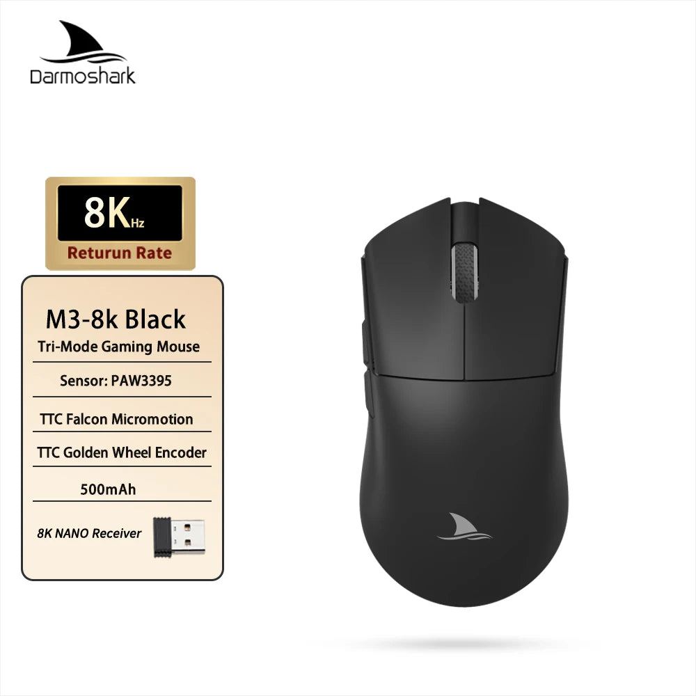 Ratón gaming Darmoshark M3 V2 Double 8K inalámbrico trimodo 26KDPI con sensor PAW3395, ratón macro para manos grandes para ordenador portátil y PC