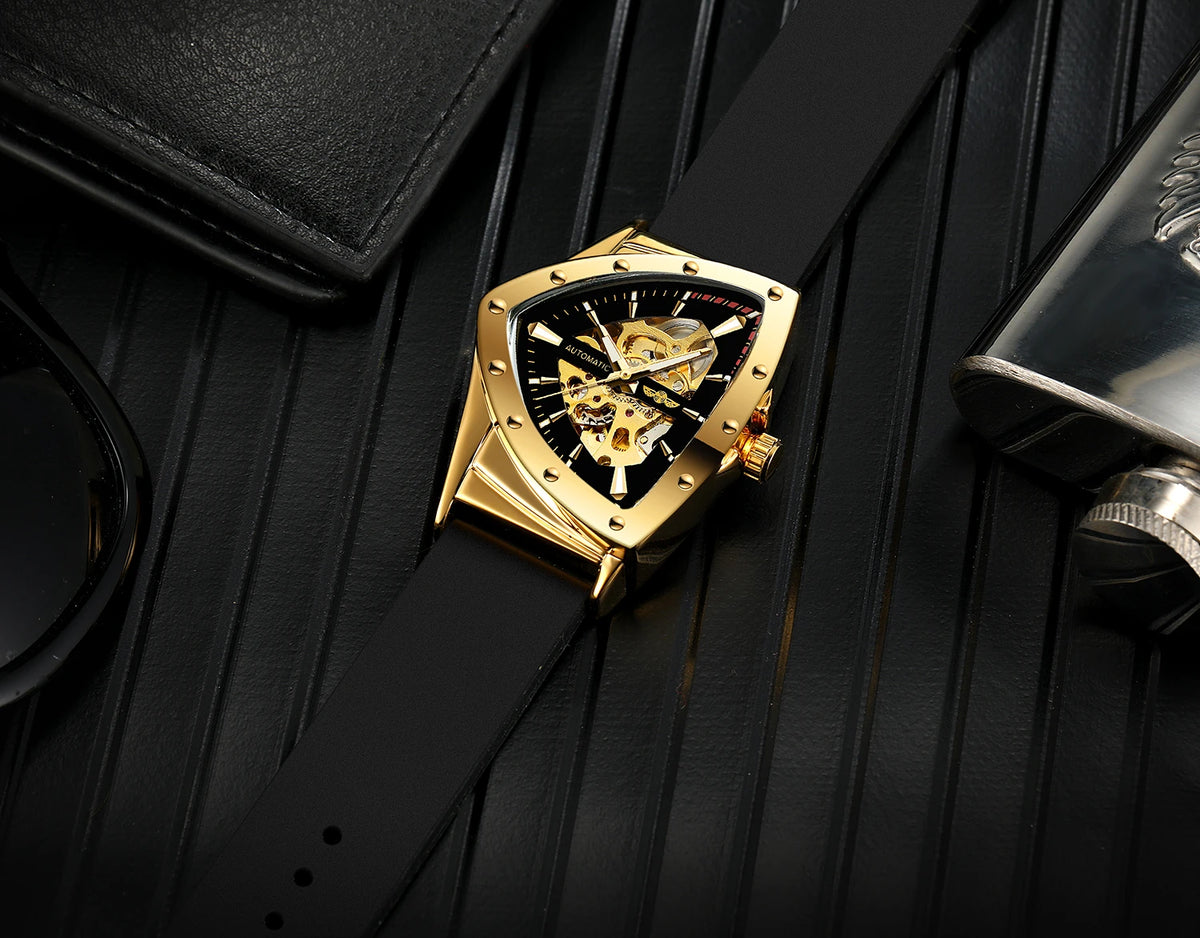 WINNER High Quality Watch for Men Triangle Steel Skeleton Mechanical Automatic Movement Clockwork Waterproof Rubber strap Wrist